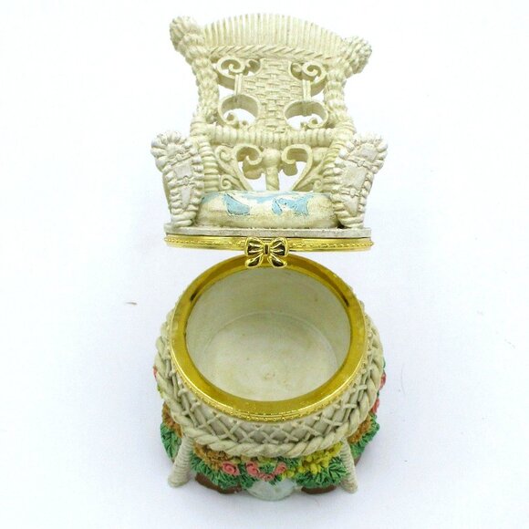 Wicker Chair Resin Trinket Box With Floral Accents & Bow Clasp Design - Picture 3 of 5
